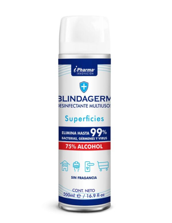 Desinfectante antibacterial elimina virus bacterias y hongos concentrado 75% de alcohol Blindagerm en aerosol de 500 ml